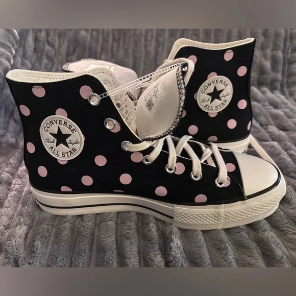 Black & Pink Polka Dot Lift Converse All-Star High Top Sneakers A10688C - Picture 8 of 13